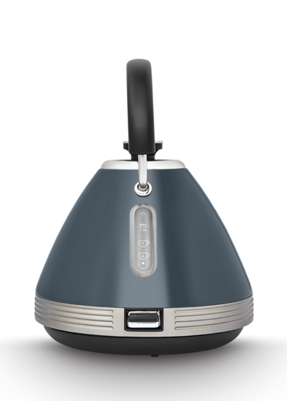 A grey Morphy Richards Venture Retro Pyramid Kettle with a black handle and a silver water window.