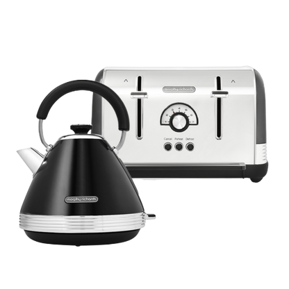 A black Venture Retro pyramid kettle and a toaster with a shiny finish, both with visible branding on the side.