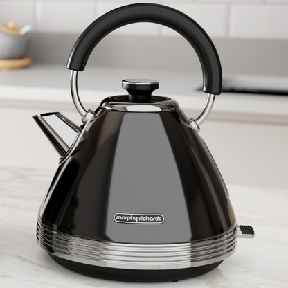 Black Morphy Richards kettle on a kitchen counter