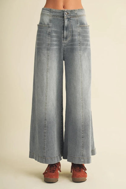 Light-wash vertical seam wide denim high-waist wide leg pants with visible stitching details