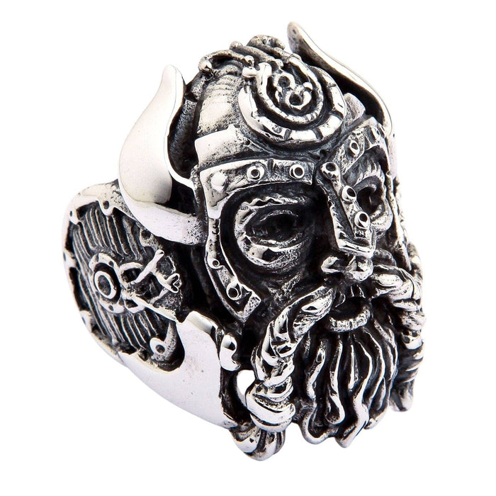 The side view of the Viking ring, showcasing the intricate Viking shield detail on the band.