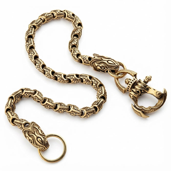 Solid brass viper snake wallet chain coiled showing heavy weight
