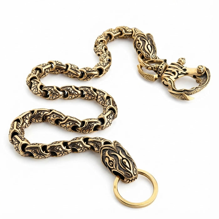 Full length view of heavy duty brass biker wallet chain with viper clasp