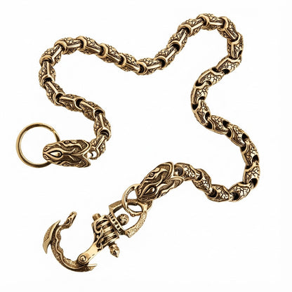 Men's brass jean chain featuring serpent design and secure hook