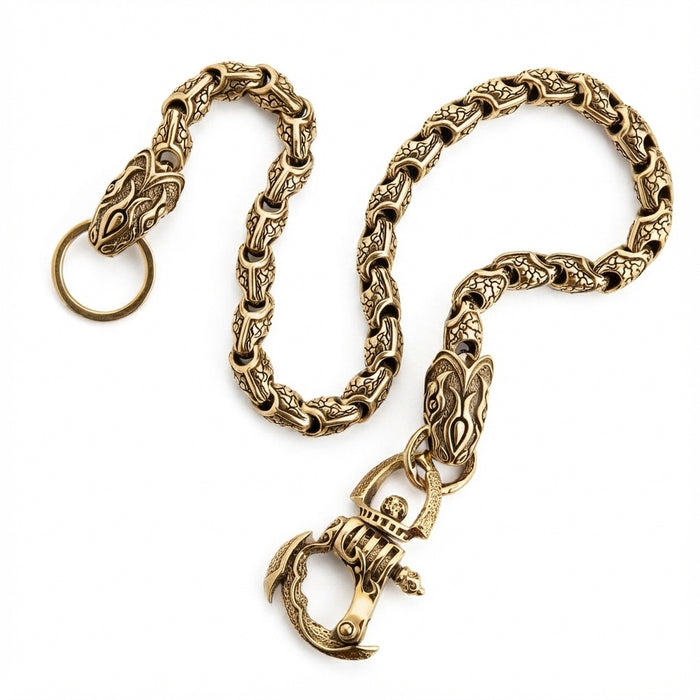 Detailed view of viper head hook mechanism on solid brass chain