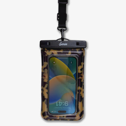 Close-up front of Waterproof Phone Pouch showing Brown Tort print, clear touch window, Sonix logo clasp and detachable black strap on white background