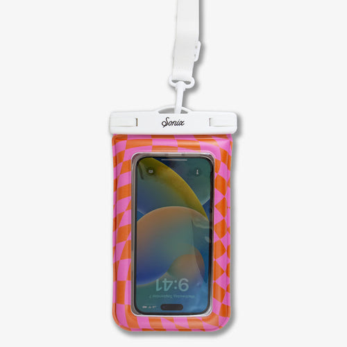 Close-up front of waterproof phone pouch (Checkmate Pink/Orange) showing white Sonix clip and lanyard, clear phone window