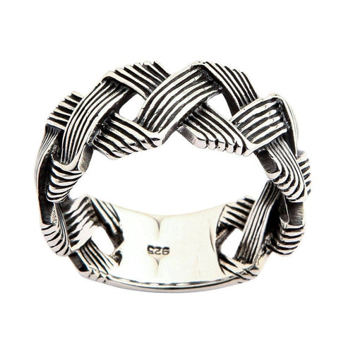 Handmade wave knot sterling silver band ring front view showing intricate woven pattern and 925 hallmark