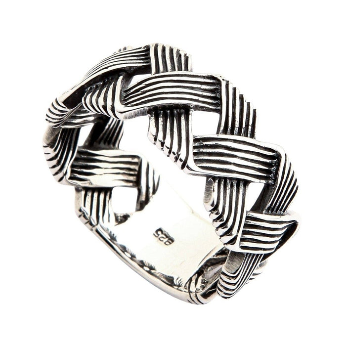 925 sterling silver woven band ring angled view displaying oxidized detailing in wave pattern