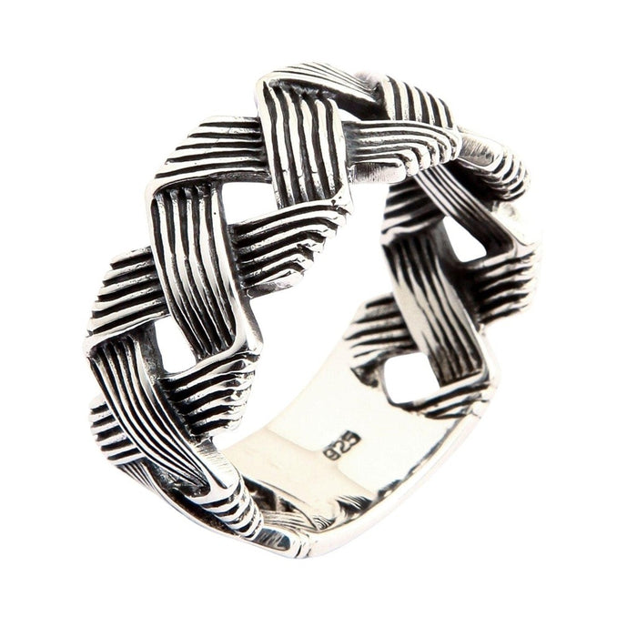 Handcrafted wave knot silver ring side profile showing three-dimensional braided design