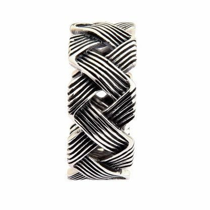 Sterling silver braided band ring top view highlighting interlocking wave knot craftsmanship