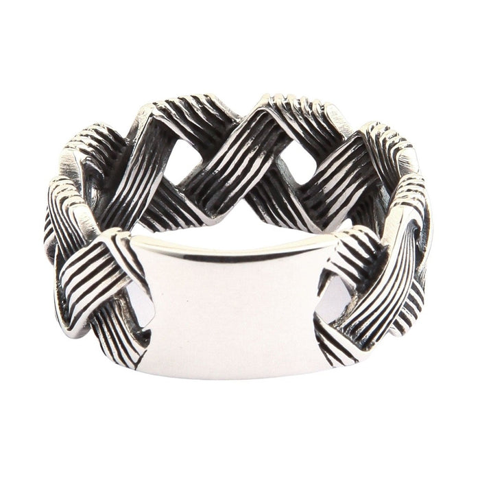 Oxidized sterling silver wave knot ring showing dark accents and contrast detailing