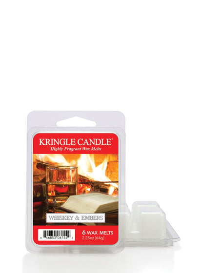 Packaging for "Whiskey & Embers" wax melts. The label shows a whiskey glass by a roaring fireplace.