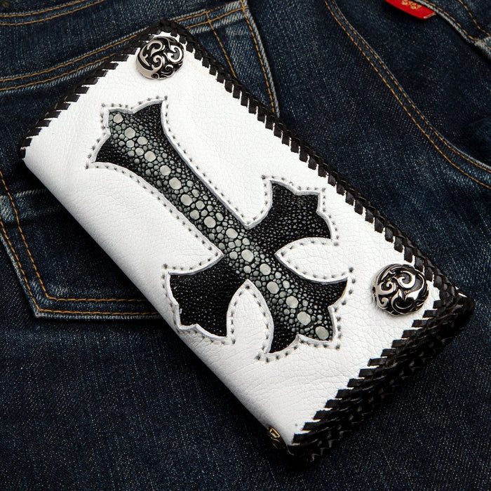 An alternative angle of the handmade wallet, focusing on the intricate black braided leather craftsmanship.