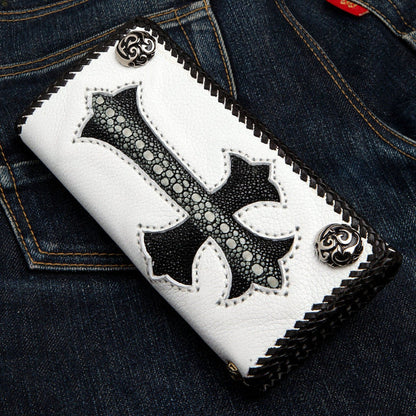 An alternative angle of the handmade wallet, focusing on the intricate black braided leather craftsmanship.