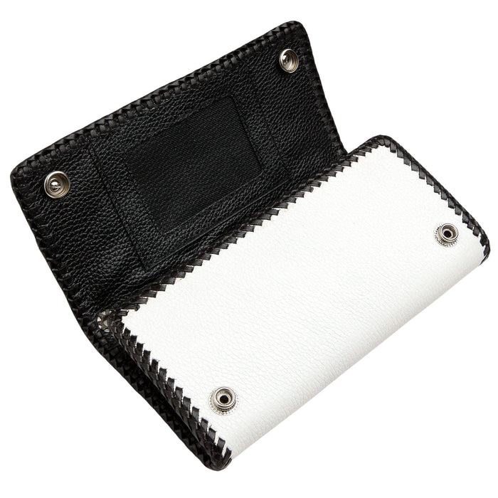 A partially open view of the trifold biker wallet, showing the white exterior and black leather interior.