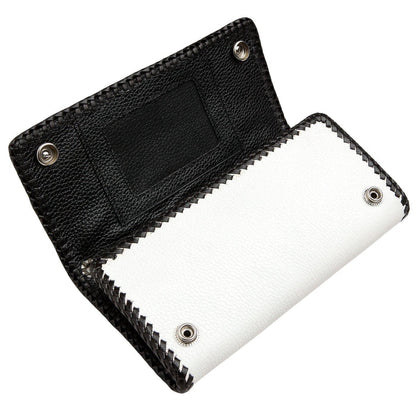 A partially open view of the trifold biker wallet, showing the white exterior and black leather interior.