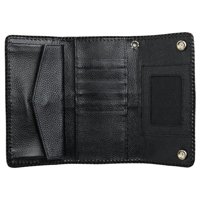 The fully open interior of the long biker wallet, showing the card slots, ID slot, and buttoned coin pocket.