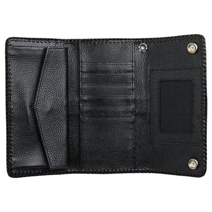 The fully open interior of the long biker wallet, showing the card slots, ID slot, and buttoned coin pocket.