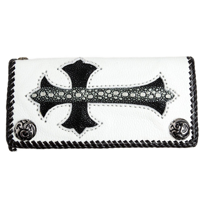 A closed view of the genuine white leather wallet with a black and white stingray cross.