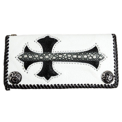 A closed view of the genuine white leather wallet with a black and white stingray cross.