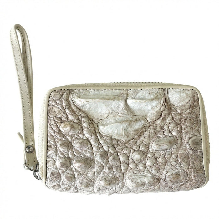 White pearl crocodile leather zip wallet featuring a genuine textured hide, pearlescent finish, and a side wristlet strap.