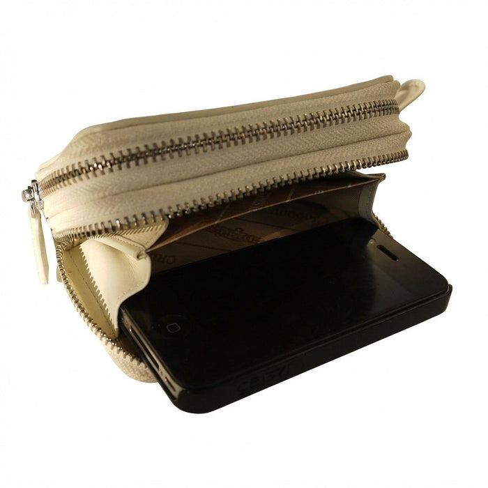 Open zippered compartment revealing patterned interior lining and storage capacity, easily holding a black smartphone.