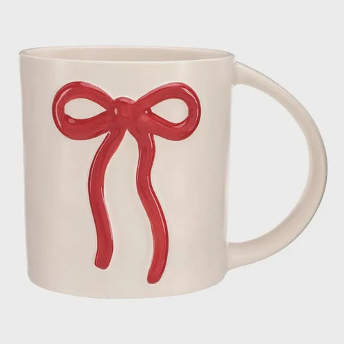 Cream ceramic wide handle bow mug featuring a glossy red bow design for comfortable grip and stylish use