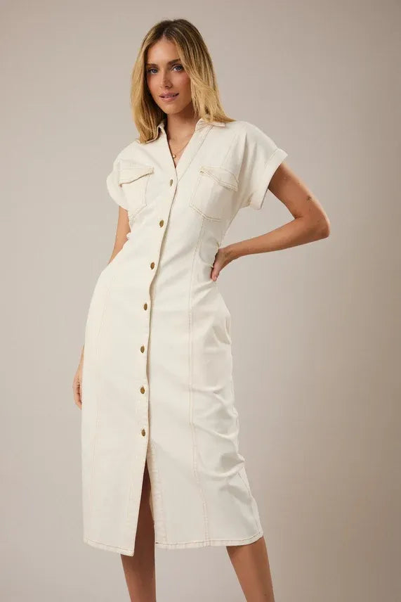 Wide shoulder button utility midi dress, white denim with chest pockets