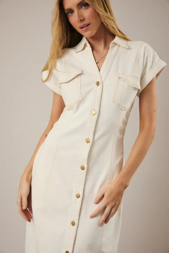 Wide shoulder button utility midi dress in cream-colored denim