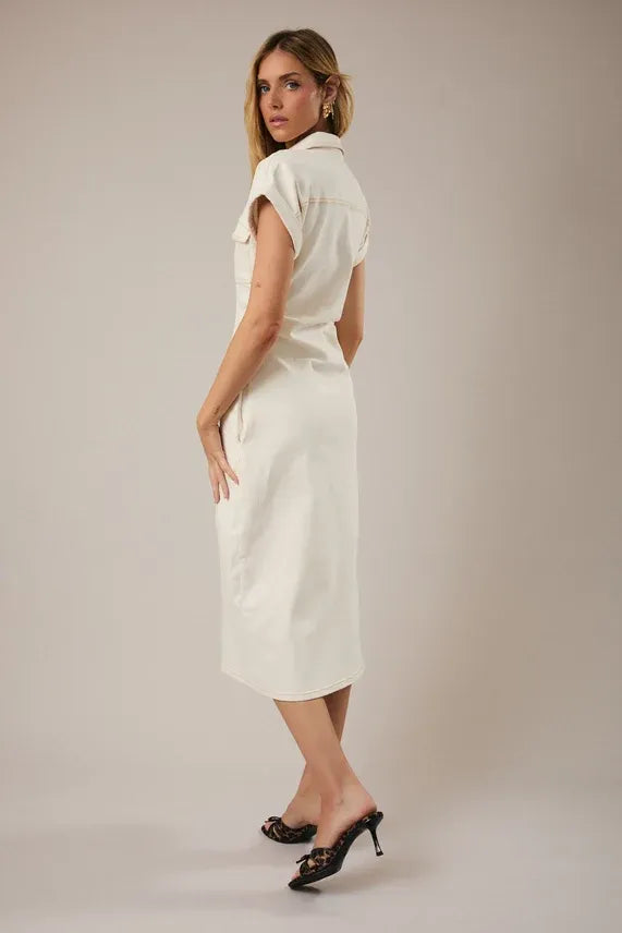 White wide shoulder button utility midi dress, sleeveless with collar and belt