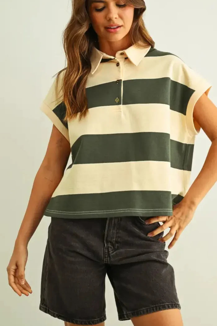 Wide striped short sleeve polo shirt in cream and olive green