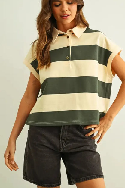 Wide striped short sleeve polo shirt in cream and olive green