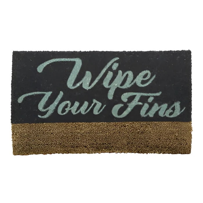 Life is Good WIPE YOUR FINS DOORMAT featuring blue cursive lettering