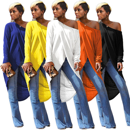 Women Clothing Irregular Asymmetric Oblique round Neck Front Short Back Long Cotton Top