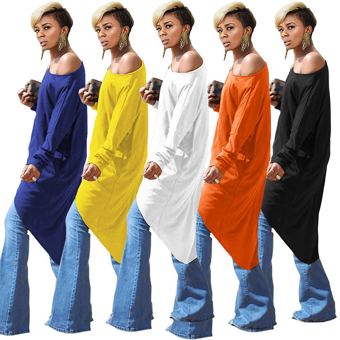 Women Clothing Irregular Asymmetric Oblique round Neck Front Short Back Long Cotton Top
