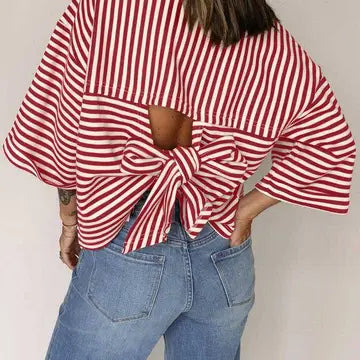 Women Red Striped Top Casual Half Sleeve Tee