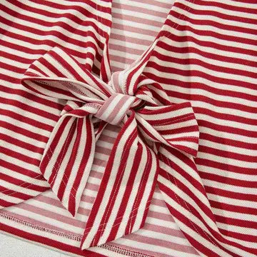 Women Red Striped Top Casual Half Sleeve Tee