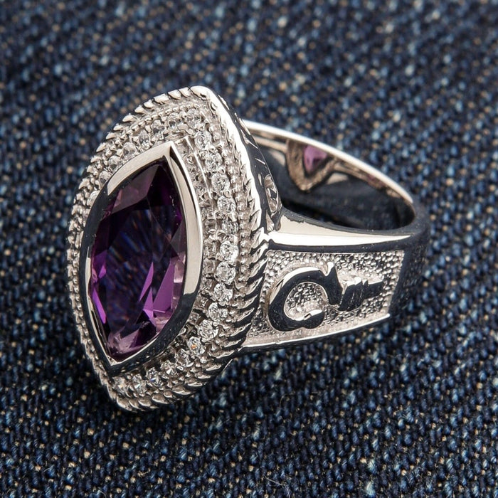 Right side view showing crosier staff engraving detail on women's sterling silver amethyst bishop ring