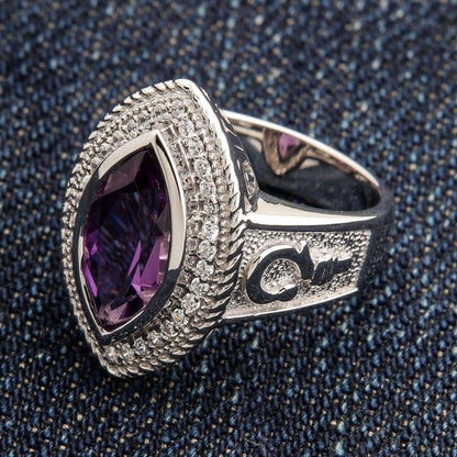 Right side view showing crosier staff engraving detail on women's sterling silver amethyst bishop ring