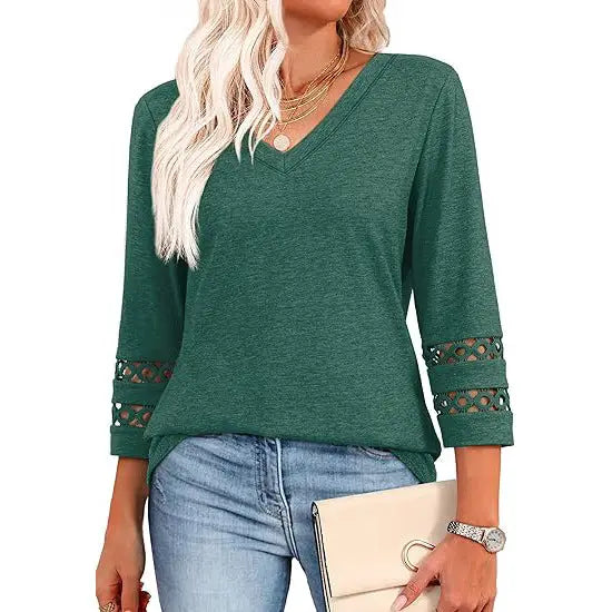 Women’S V Neck 3/4 Sleeve Lace Trim Casual Top