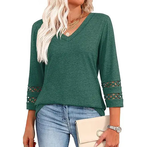 Women’S V Neck 3/4 Sleeve Lace Trim Casual Top