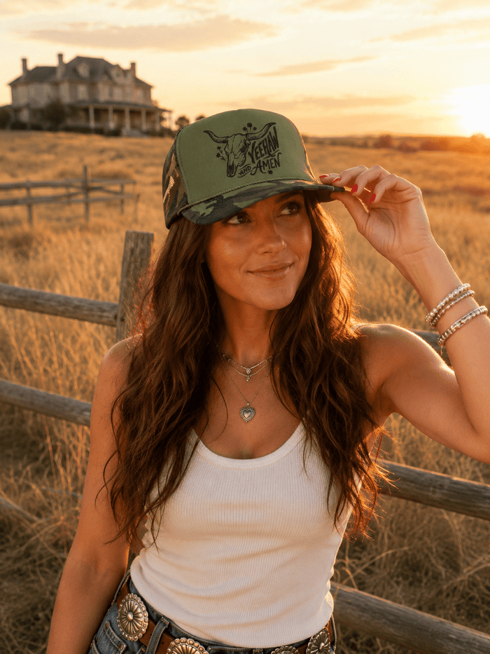 Yeehaw and Amen Longhorn Camo Trucker HatCamo
