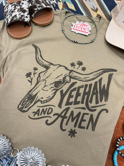 Yeehaw and Amen Longhorn Graphic TeeCoyote BrownS