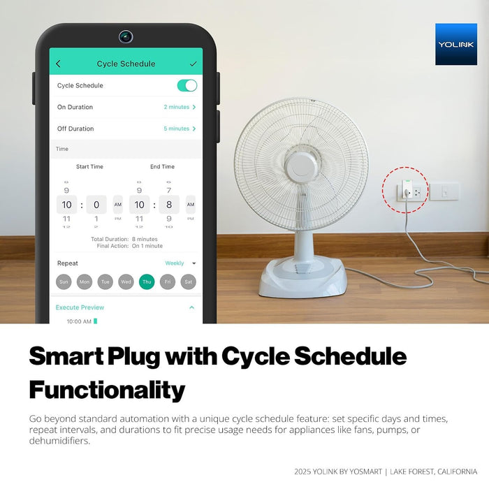 Smart plug with cycle schedule functionality displayed on a smartphone app, next to a fan and power outlet.