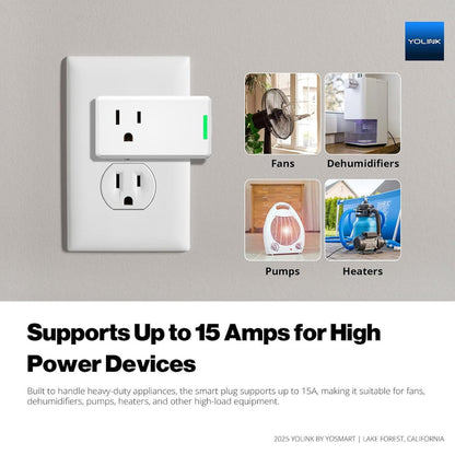 Smart energy plug supports up to 15 amps for high power devices.