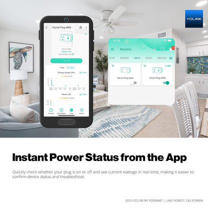 Smart home control app on a smartphone with YoLink branding, displayed in a living room setting and showing text that says Instant power status from the App.