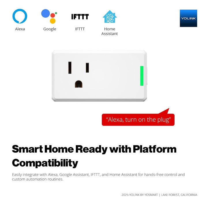YoLink smart plug with compatibility icons for Alexa, Google Assistant, IFTTT, and Home Assistant on a white background.