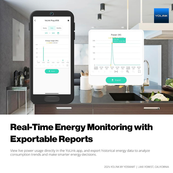 Smart energy plug phone image showing graph that provides information about real-time energy monitoring with exportable reports.