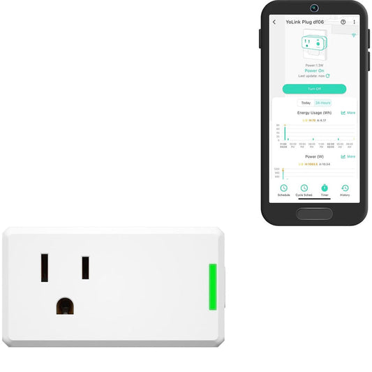 Smart plug with a smartphone displaying a home automation app on a white background
